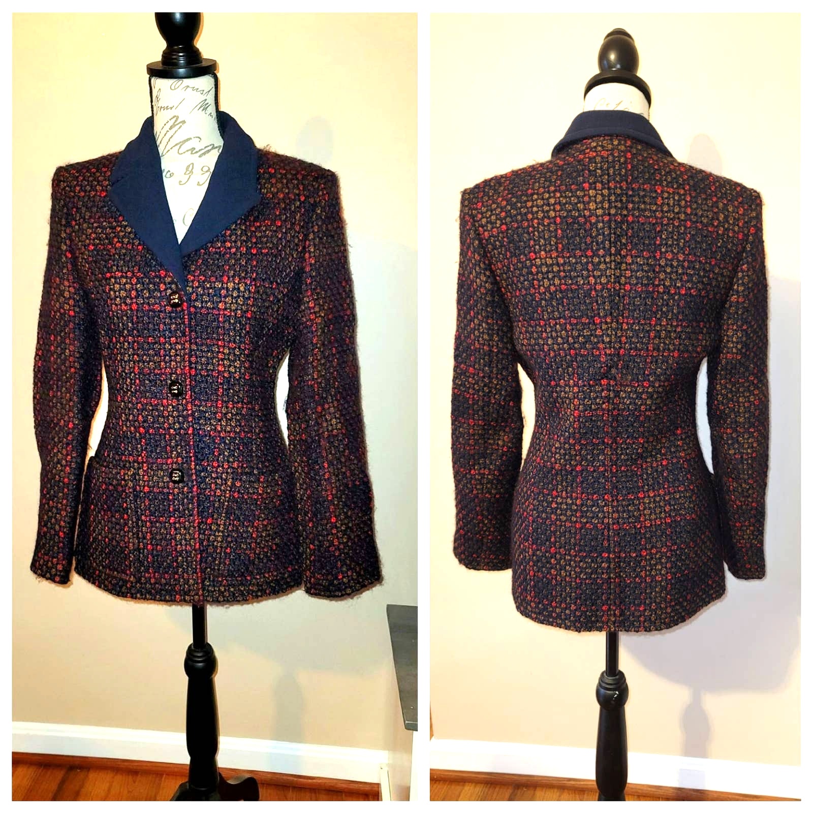 Luca Luca Size 44 Eur 100% Wool Navy Blue Italian Tweed Ladies Blazer Size 8 Us